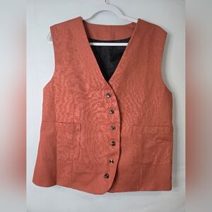 Rust Orange Button-Up Vest Size XL Linen Cotton Blend